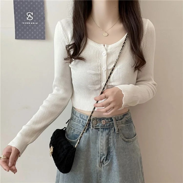Uveng Uveng Hottie Long-Sleeved Knitted Cardigan Girl Spring Design Slim Short Umbilly Bottom Shirt Top