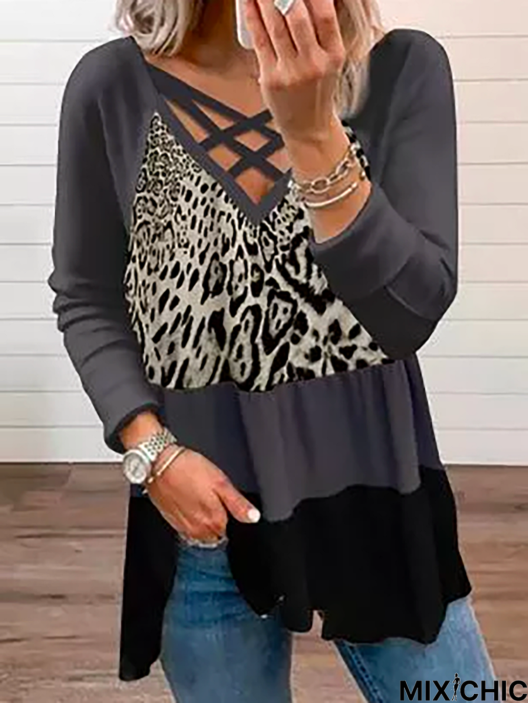 Casual Leopard V Neck Tunic T-Shirt