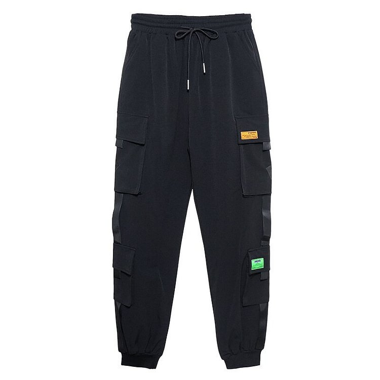 Street Elastic Waist Lacing Solid Color Pockets Splicing Ribbon Long Harem Pants  