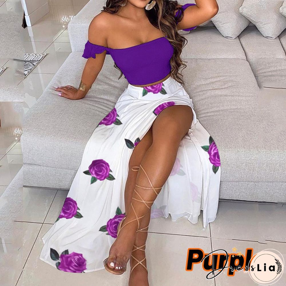 Newest Fashion Summer Women Elegant Two Pieces Sets Cropped Top & Split Skirt Temperament Drop-Shoulder Frilled Top And High Waist Split Dress