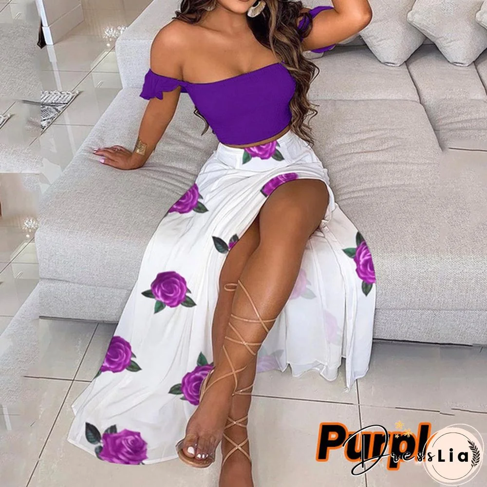 Newest Fashion Summer Women Elegant Two Pieces Sets Cropped Top & Split Skirt Temperament Drop-Shoulder Frilled Top And High Waist Split Dress