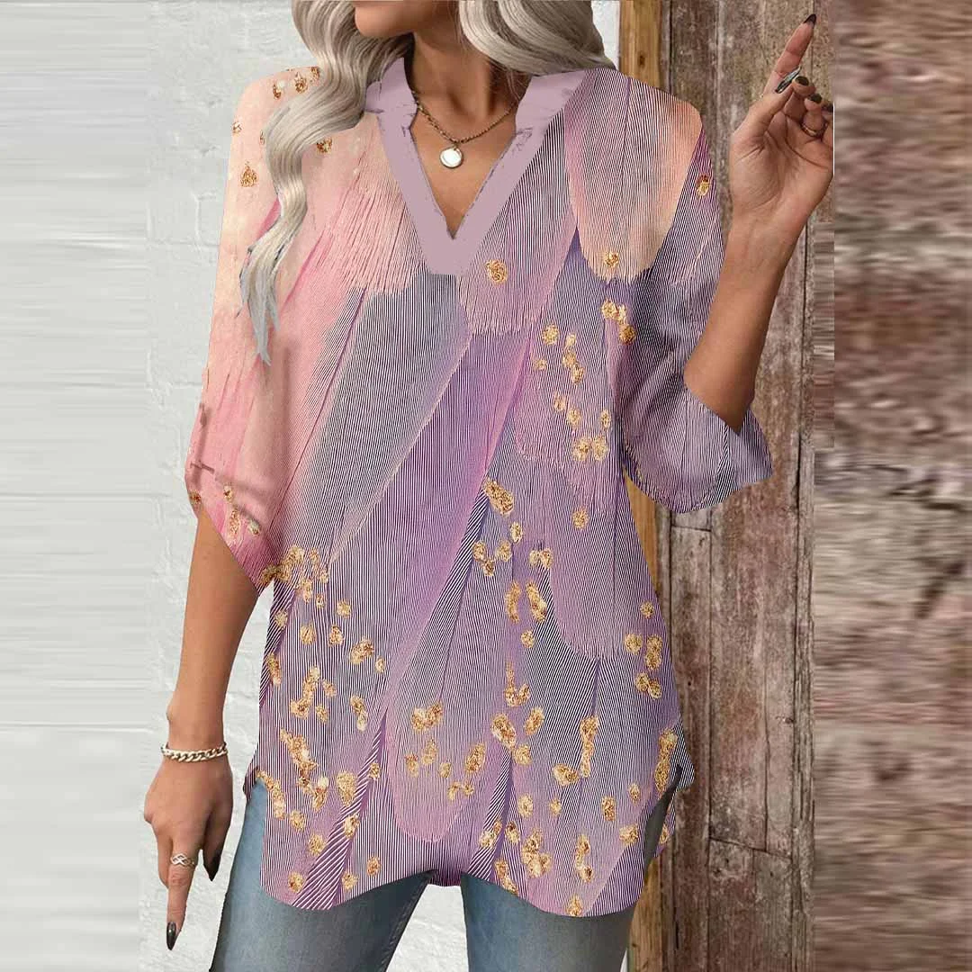 Women Texture, Pink, Gray DZGA0693 3/4 Sleeve V-neck Printed Graphic Button Tops