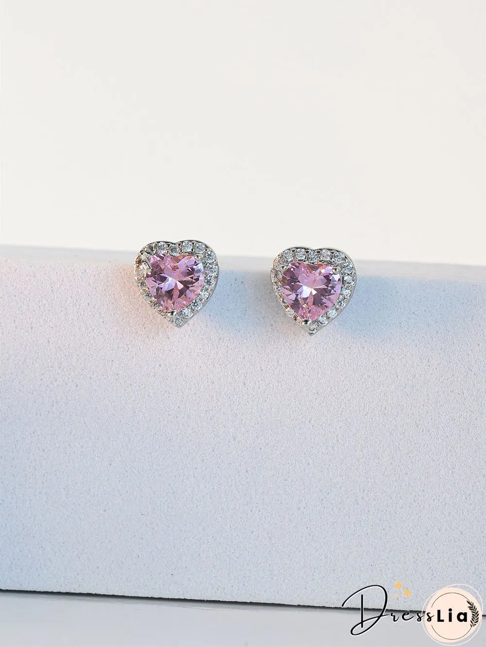 Full Diamond Pink Zircon Heart Stud Earrings Commuter Jewelry