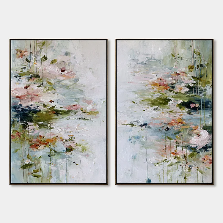 GARDEN REVERIE: Abstract Impressionist Floral Diptych Painting（Canvas painting）