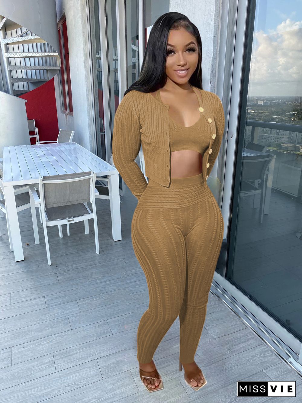 Solid Color Hand Knit Sweater Cardigan Three Piece Set