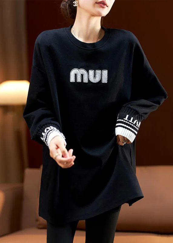 Black Patchwork Cotton Pullover Top O Neck Long Sleeve
