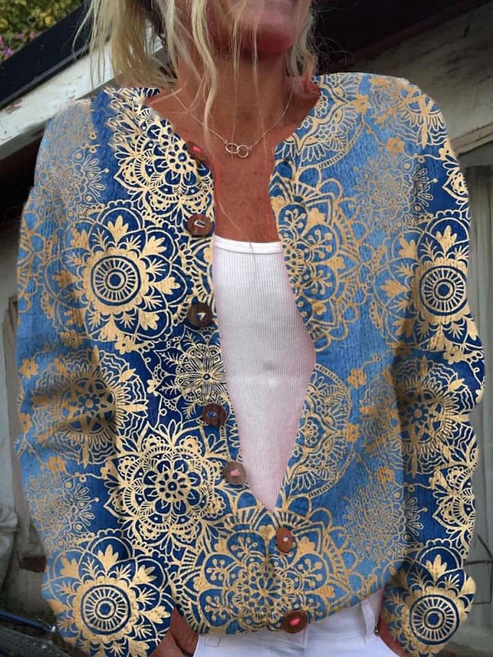 Blue Gradient Mandala Retro Pattern Print Buttoned Cardigan Sweater