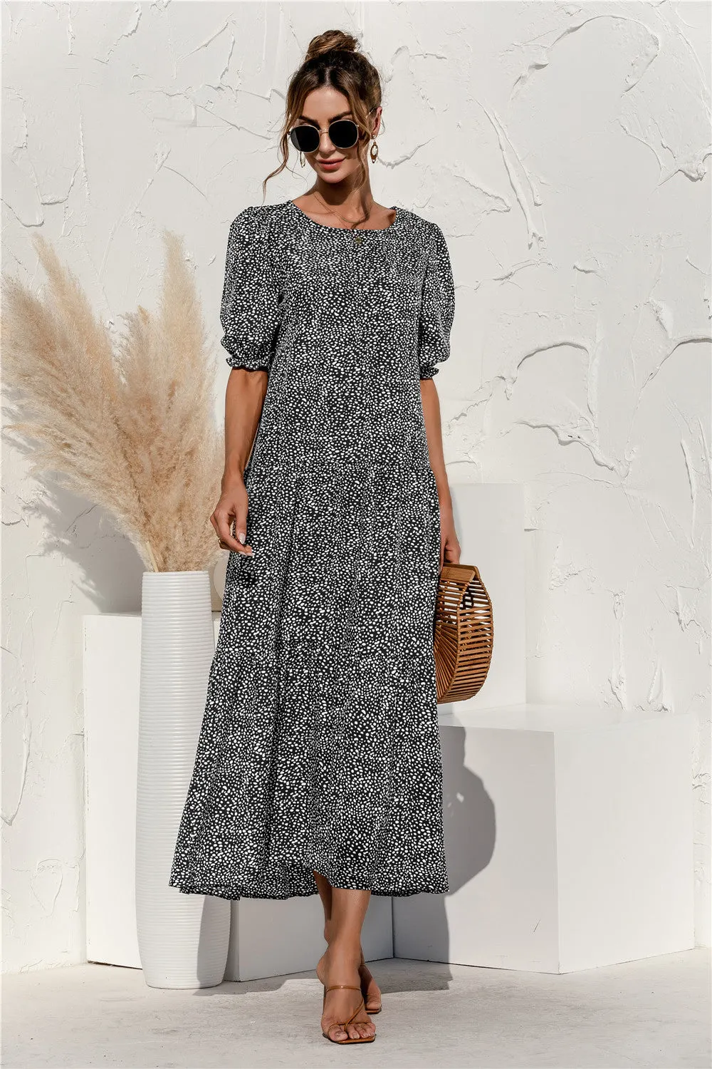 Brownm Sleeve Dot Plaid Urban Style Loose Stitching Long Dress