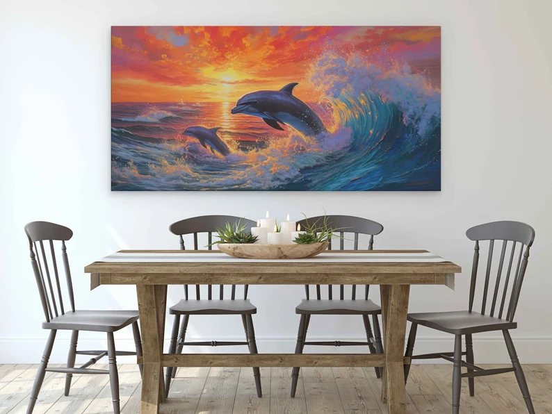 Dolphins Jumping On Ocean Waves At Sunset Canvas Wall Art
