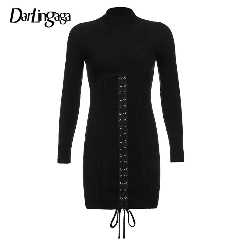 Darlingaga Fashion Patchwork Lace Up Bodycon Black Dress Female Long Sleeve Clubwear Party Dress Bandage Autumn Dresses Vestidos