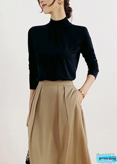 New Black Solid Turtleneck Patchwork Knit Top Fall