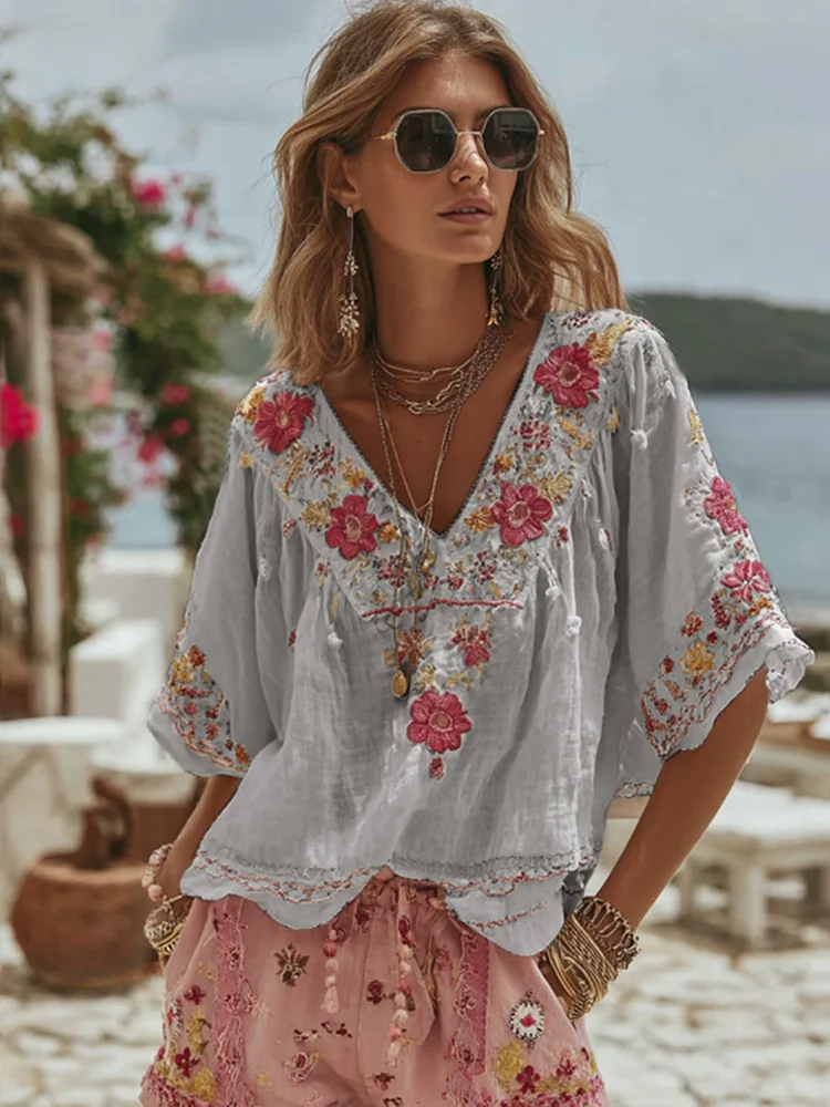 Women's Vintage Floral Art Linen Comfy Shirt