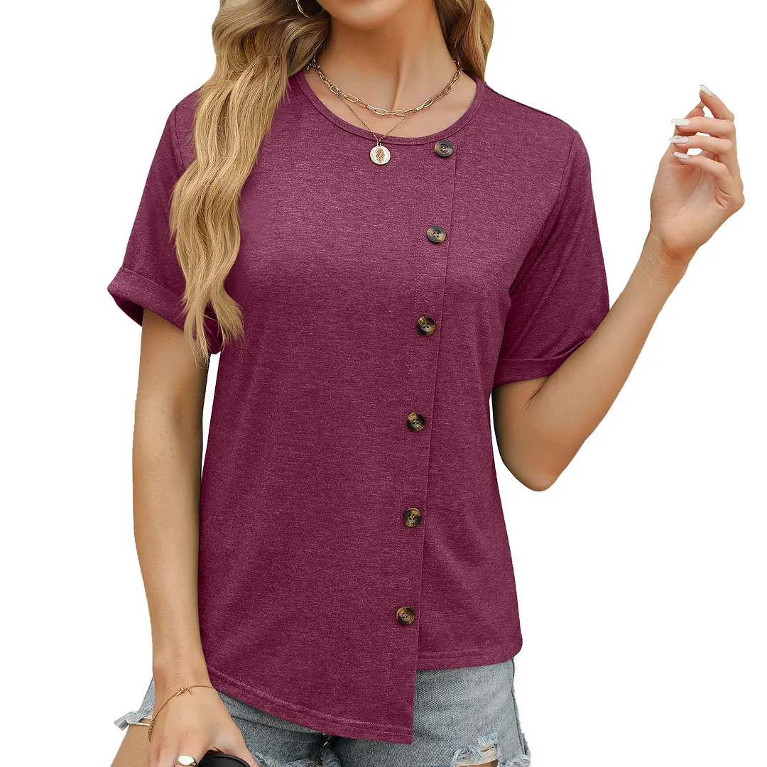 Churchf Churchf 2024 New Round Collar Button Irregular Splicing Loose T-Shirt Women