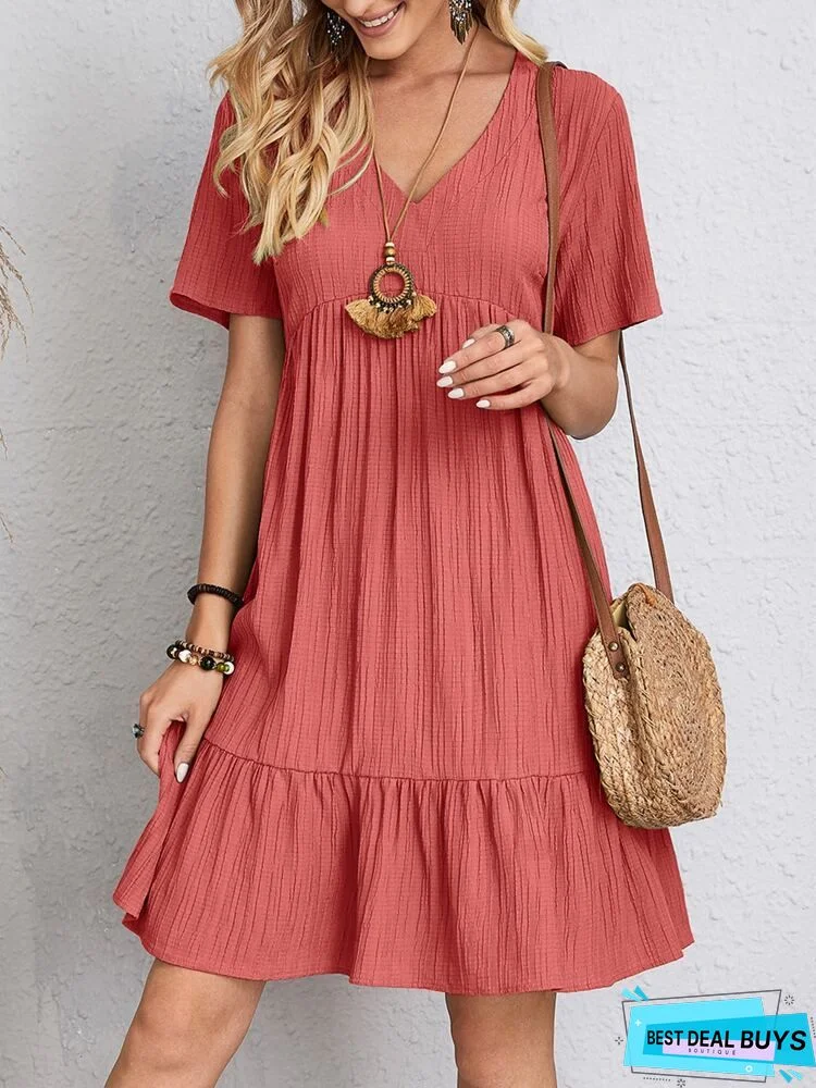 Casual Loose Fashion V-Neck Ruffle Sleeve Hanging Beard Pleated Dress Women's White Dresses