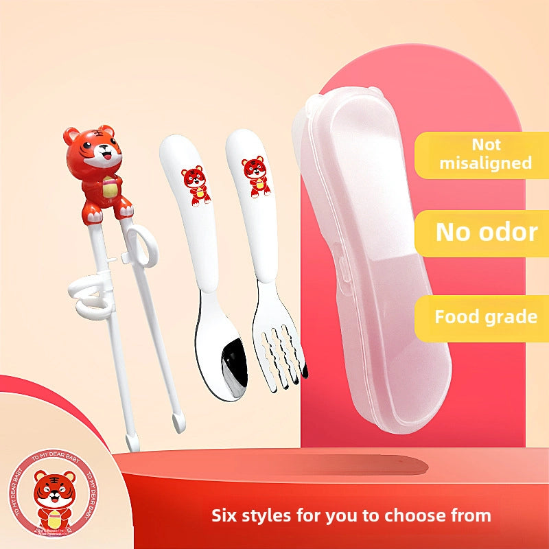 Maternal And Infant Products Portable Feeding Children’s Tableware Set Cartoon Learning Chopsticks Training Chopsticks 304 Stainless Steel Spoon Fork