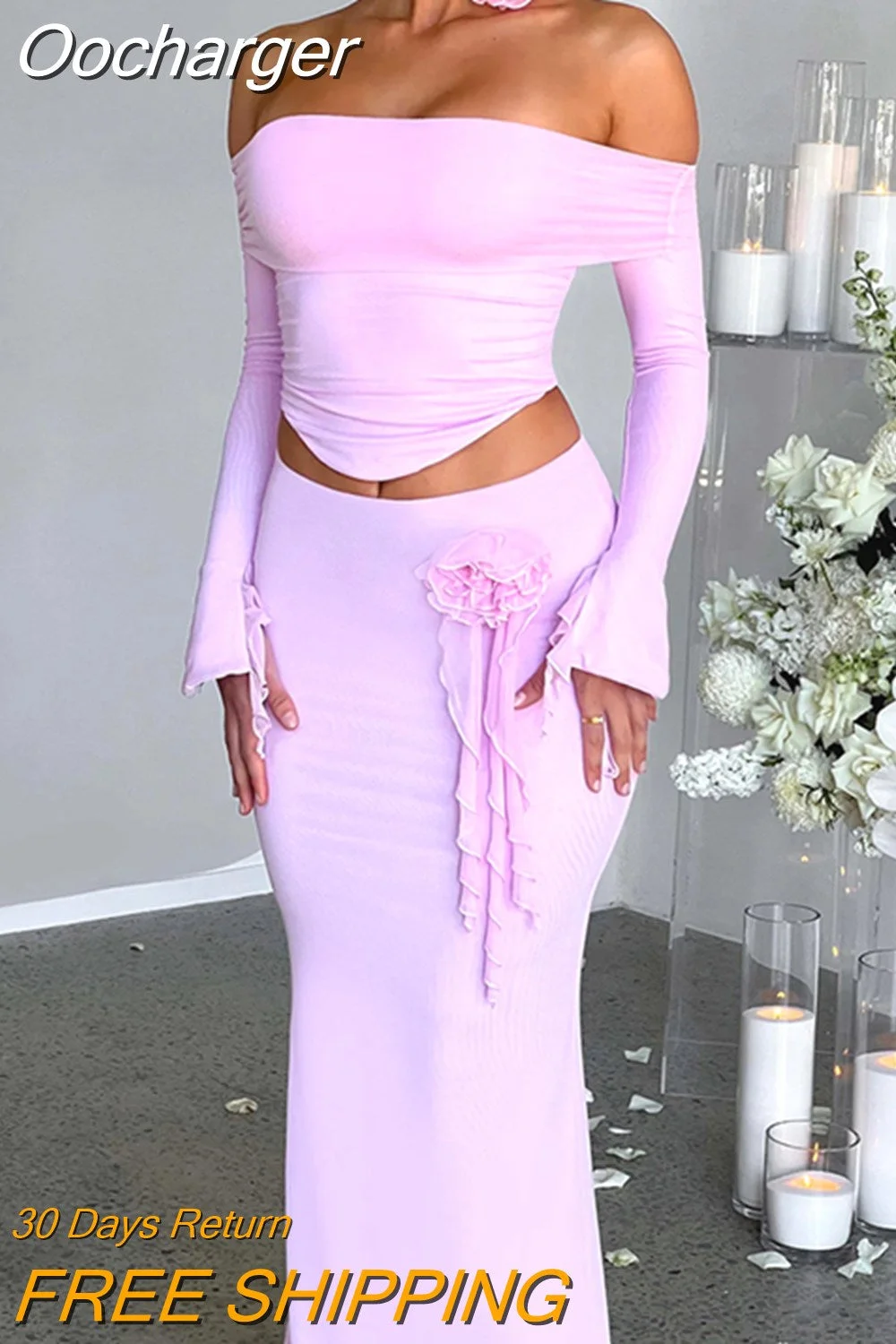 Oocharger Elegant Sexy Women Two Piece Set Off-shoulder Strapless Cropped Tops And Long Skirt Fashion Club Party Skirt Sets