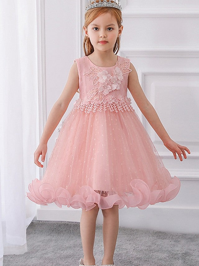 Oknass Ball Gown Sleeveless Jewel Neck Flower Girl Dresses Tulle  With Bow Beading  Appliques