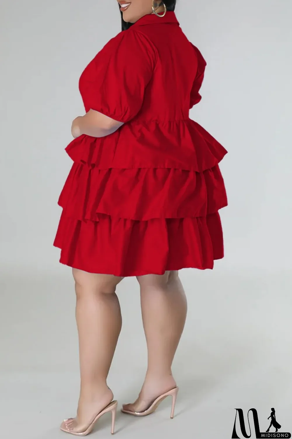 MidiSono - Light Blue Casual Solid Patchwork Turndown Collar Cake Skirt Plus Size Dresses