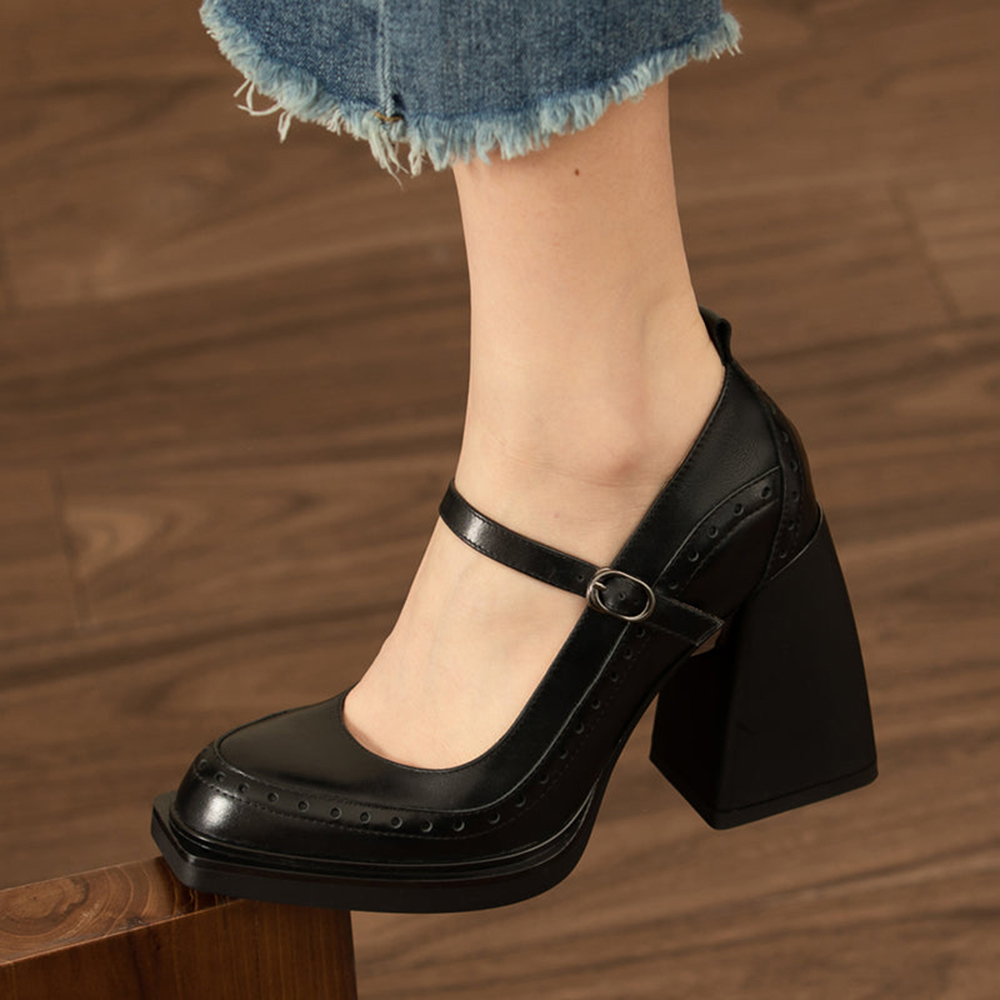 Black Vegan Leather Closed Toe 4'' Chunky Heel Platform Loafers Nicepairs