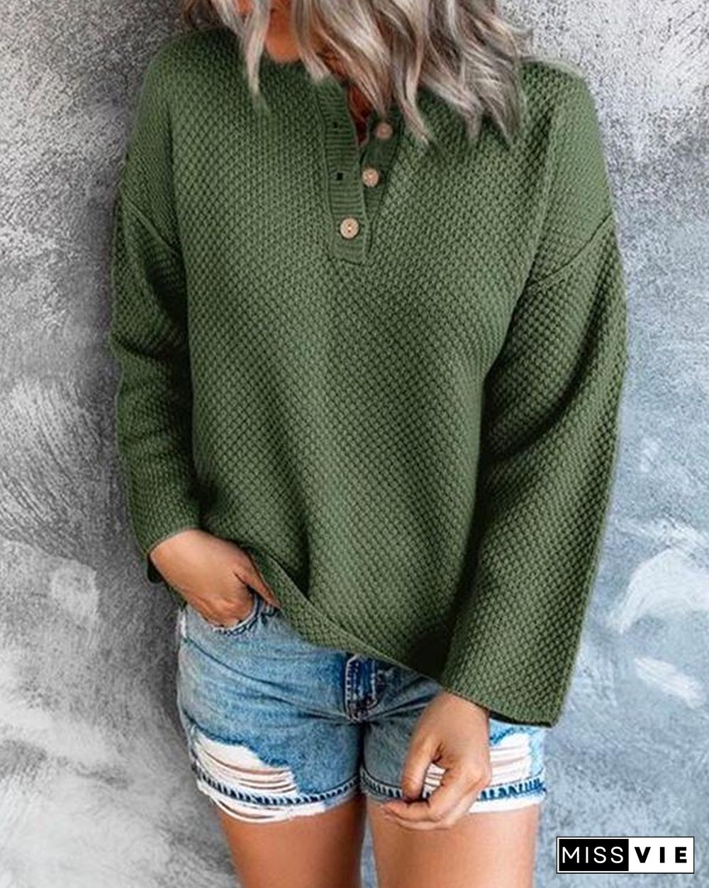 Comfy Cozy Sweater Drop Shoulder Button Up Knitting Top