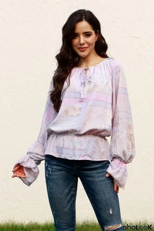 Printed Tie Neck Flounce Sleeve Blouse