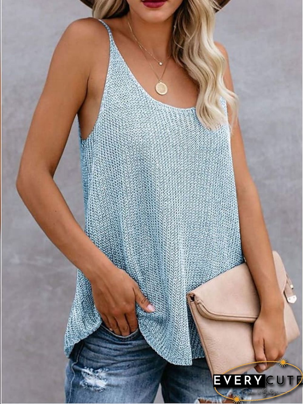 Women's Tank Top Color Block Round Neck Tops Cotton Basic Top White Blue Blushing Pink