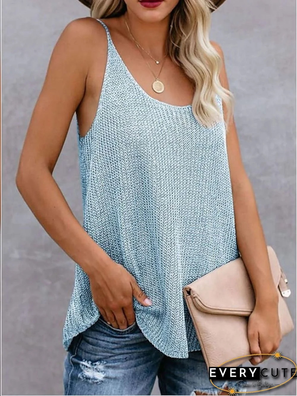 Women's Tank Top Color Block Round Neck Tops Cotton Basic Top White Blue Blushing Pink