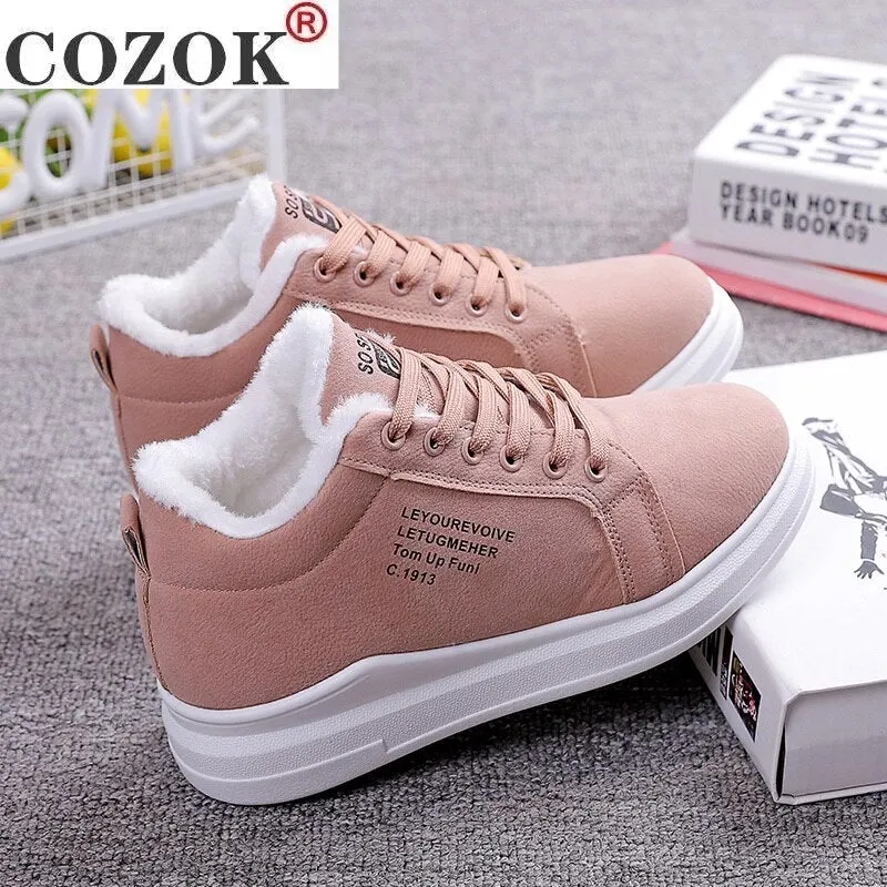 Winter Warm Women Vulcanized Shoes Fur Plush Casual Shoes Lace Up Fashion Platform Sneakers Women Snow Boots Zapatillas Mujer 1228