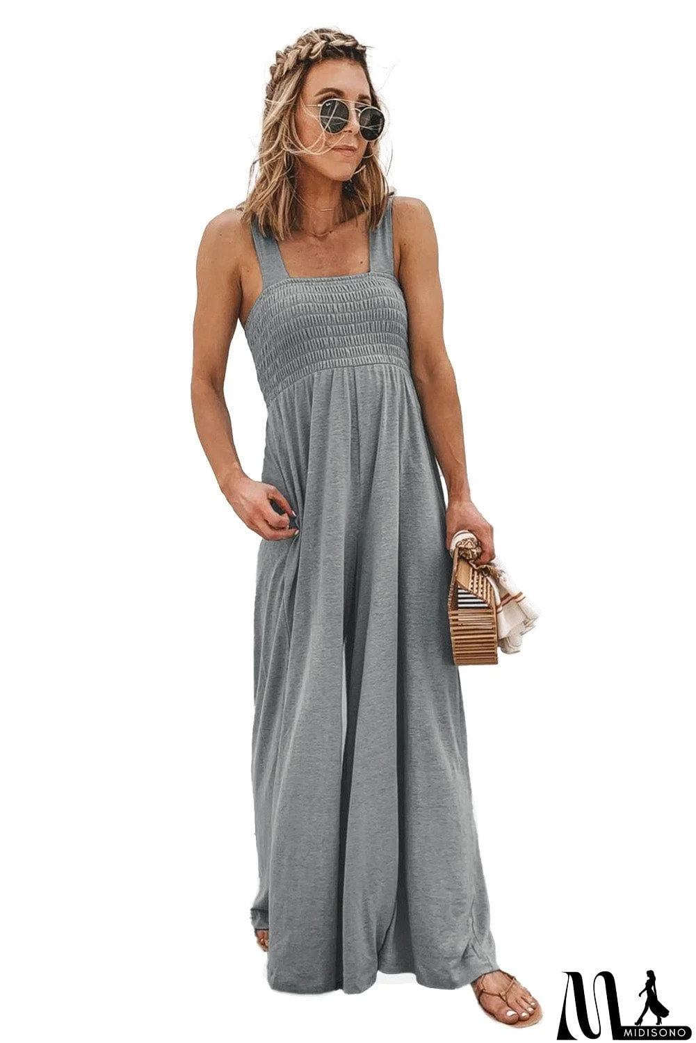 MidiSono - Straps Shirred Wide Leg Jumpsuit