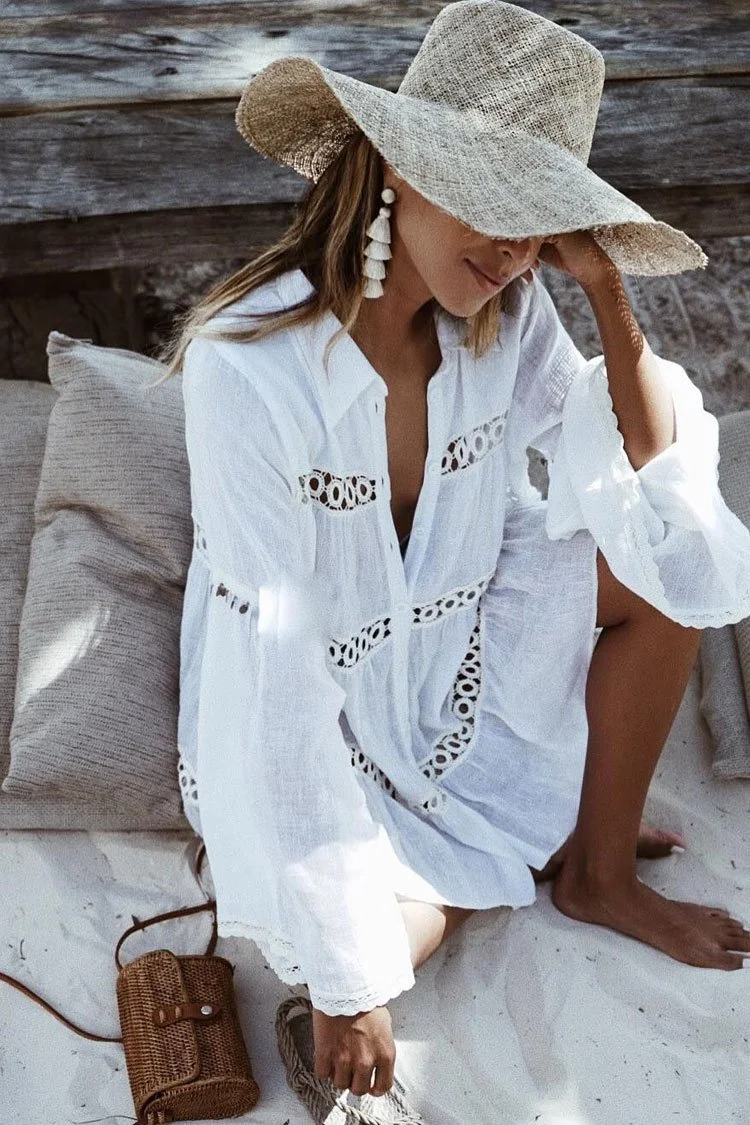 Leisure Flare Sleeve Crochet Openwork Trim Cover Up Blouse-elleschic