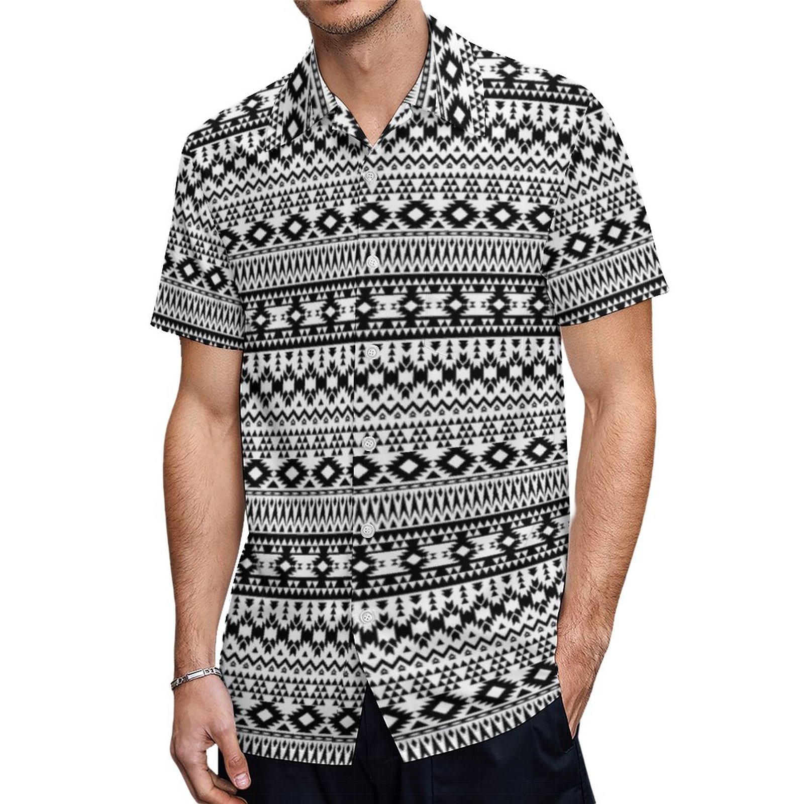 Black And White Aztec Geometric Vector Pattern Hawaiian Shirt Mens Button Down Tropical Hawaii Beach Shirts