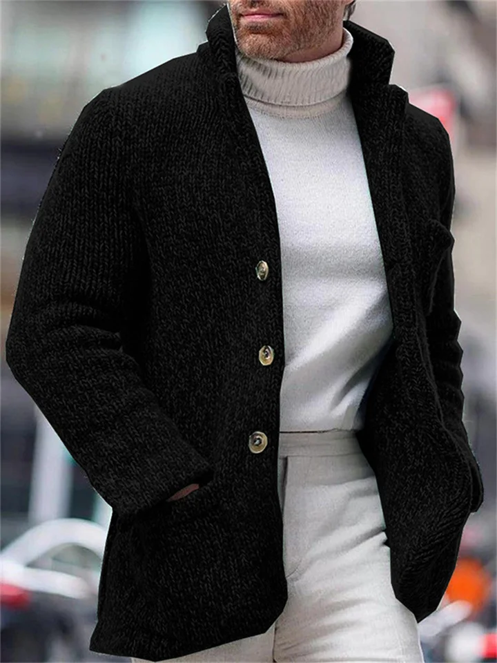 Thickened Loose Men's Knitted Cardigan Stand-up Collar Long Sleeve Single-breasted Pocket Cardigan Casual Men's Jacket-Mixcun