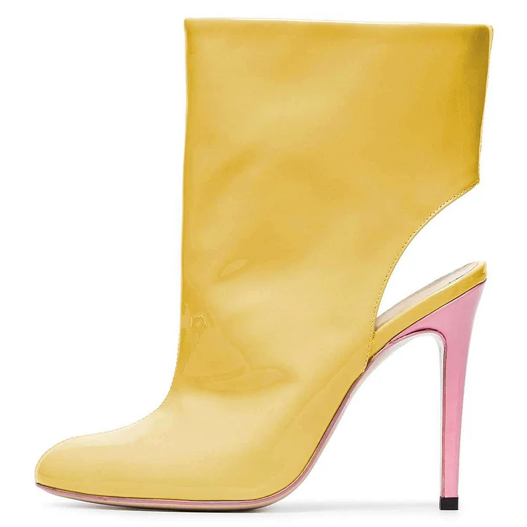 Yellow Patent Leather Ankle Booties with Cut-Out Details and Stiletto Heels Vdcoo