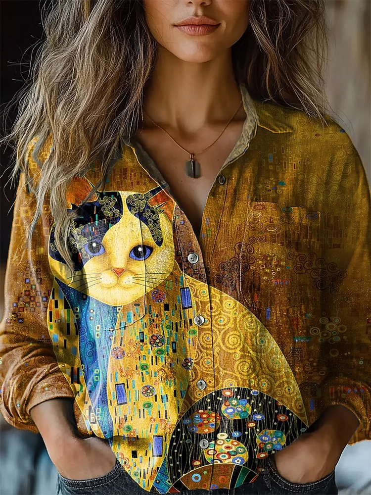 Women's Colorful Kitten Print Casual Long Sleeve Comfortable Cotton Shirt
