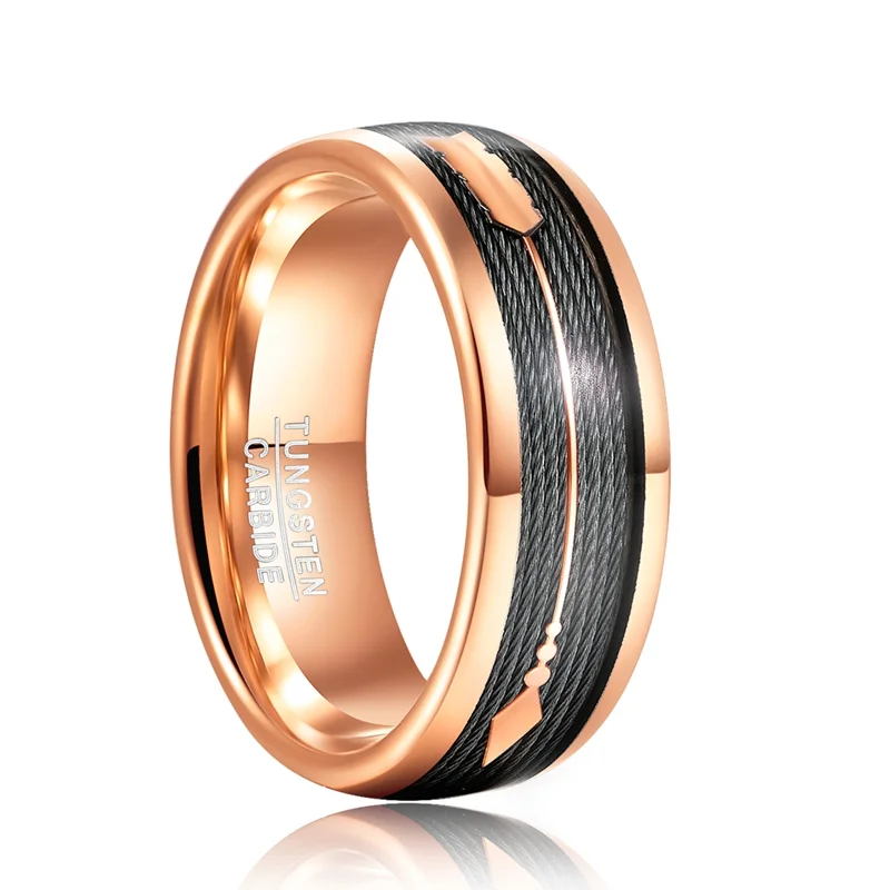 8mm Rose Gold Domed Arrow Tungsten Carbide Rings Men's Wedding Bands