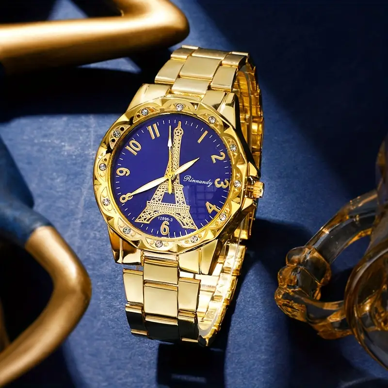 5pcs set womens watch eiffel tower quartz watch luxury golden stainless steel wrist watch jewelry set gift for mom her details 2