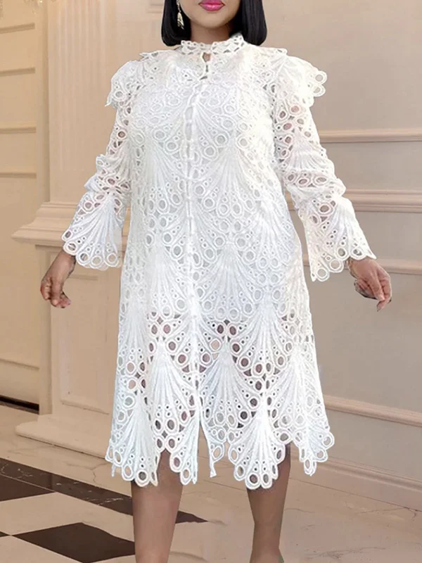Elegant Round-Neck Long Sleeve Lace Loose White Midi Dress