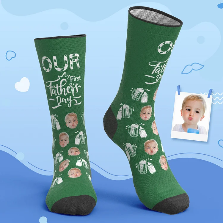 Custom Breathable Face Socks Wine Glass Bottle Socks Our First Father's Day Gifts