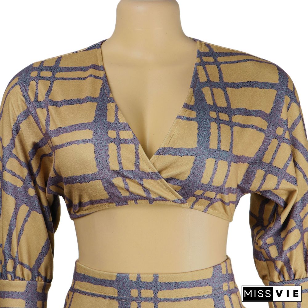 Plaid Long Sleeve Crop Top Bodycon Maxi Skirt Set