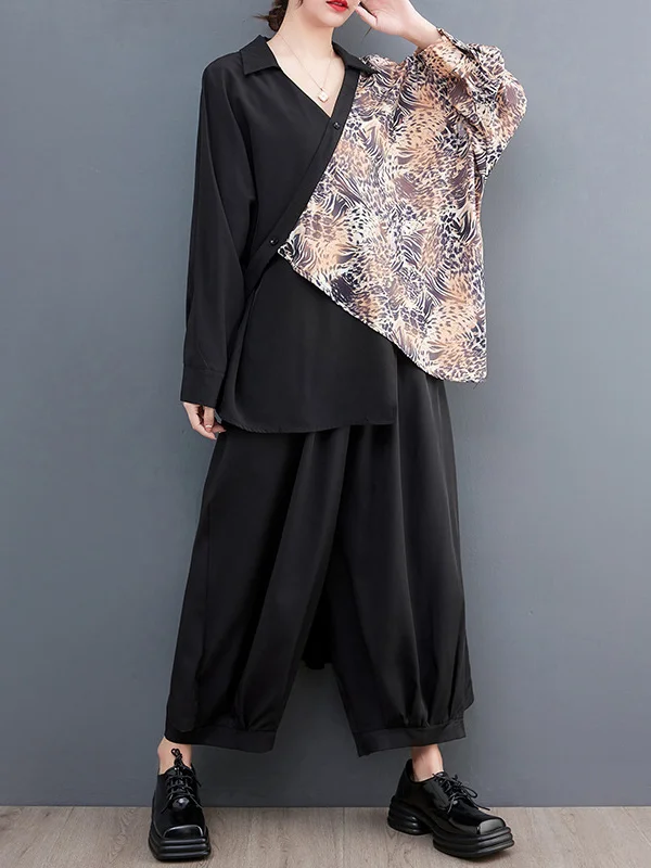 Long Sleeves Batwing Sleeves Contrast Color Split-Joint Leopard V-Neck Tops+ Pants Two Pieces Set