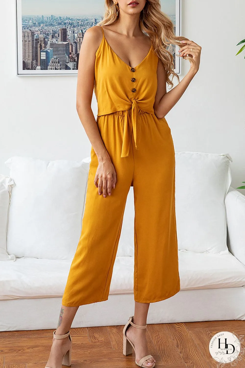 Fashion Street Solid Split Joint V Neck Loose Jumpsuits