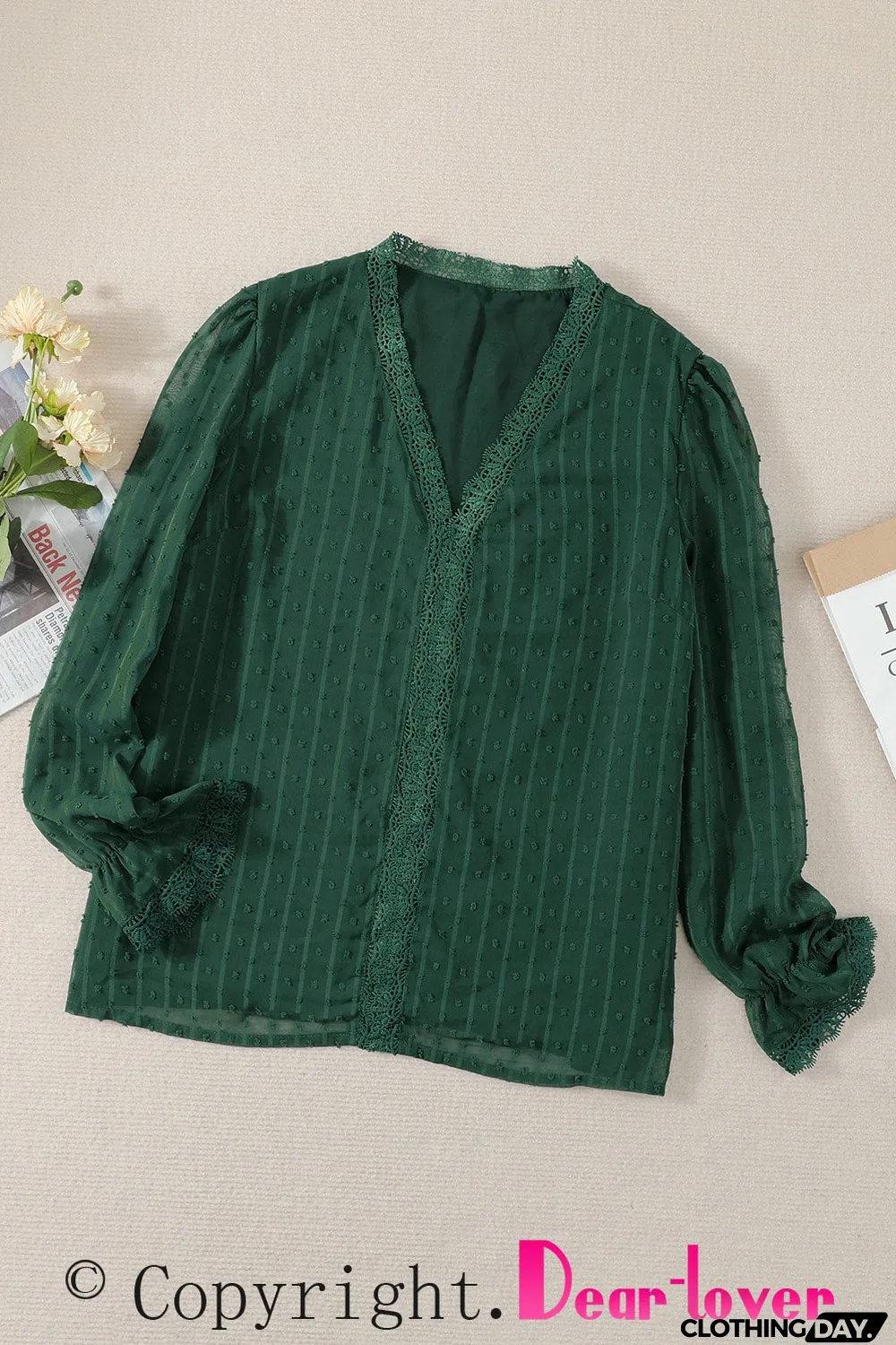 Elegant V-Neck Swiss Dot Lace Blouse