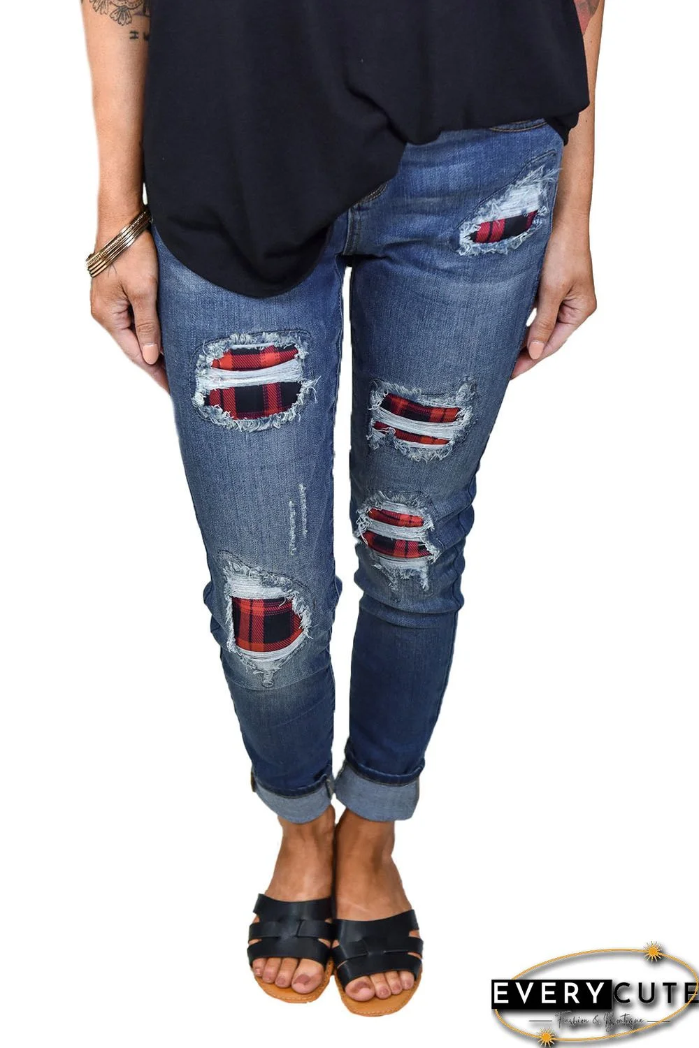 Red Plaid Patch Destroyed Skinny Jeans