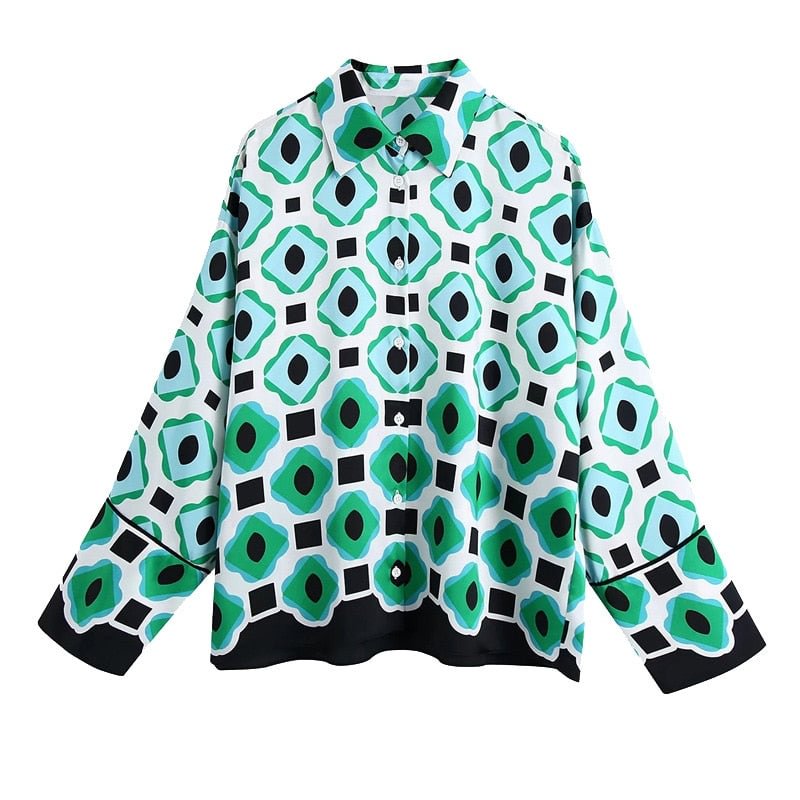 TRAF Women Fashion Geometric Print Loose Asymmetric Blouses Vintage Long Sleeve Button-up Female Shirts Blusa Chic Tops