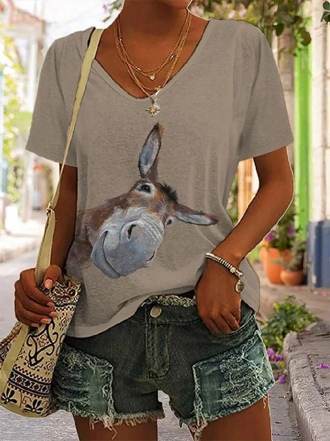 Women's Donkey Head Print V-Neck T-Shirt