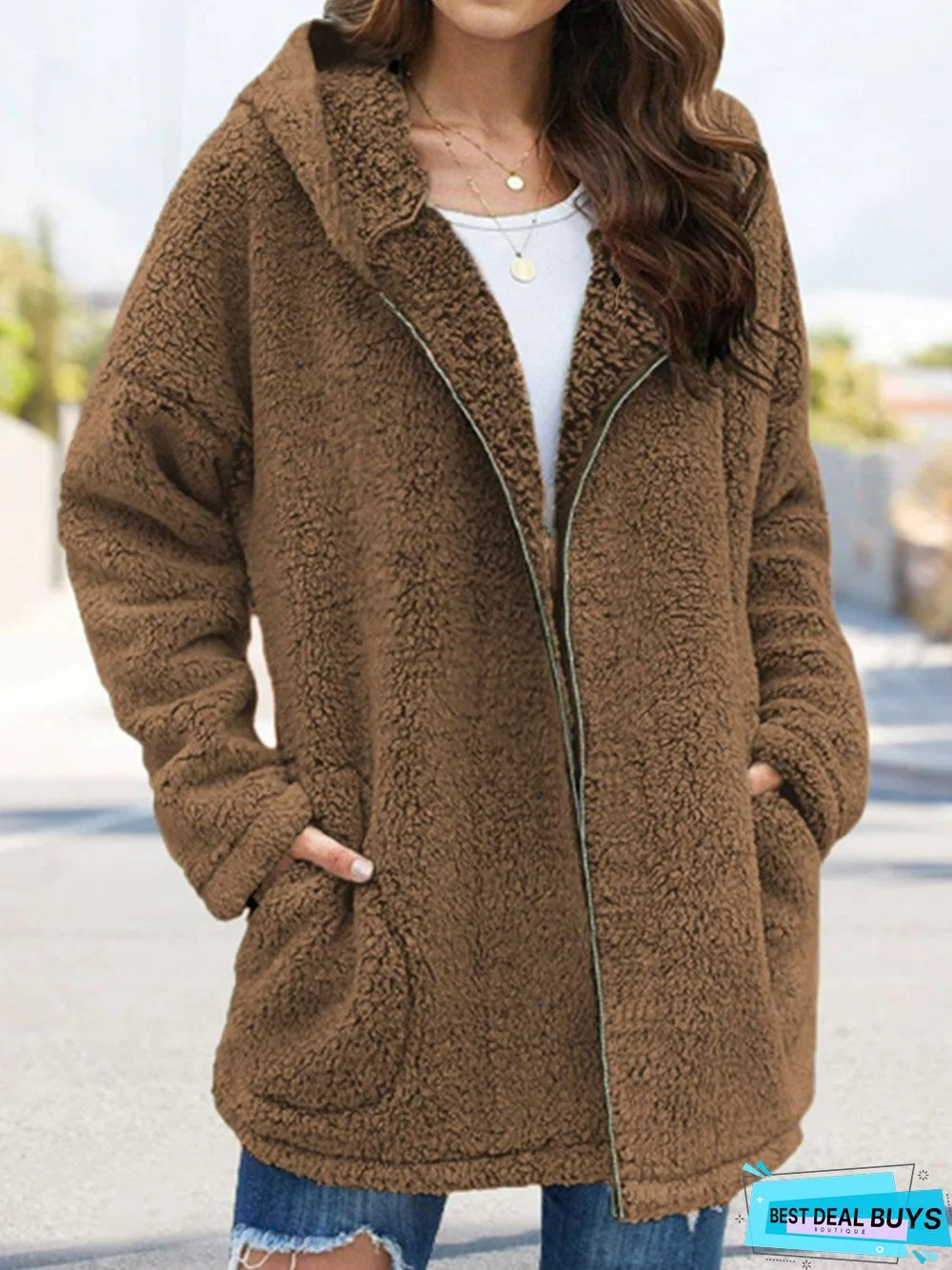 Women Autumn Winter Causal Daily Plush Fleece Zipper Long Sleeve Teddy Coat
