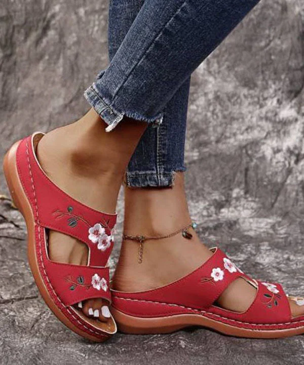 0508Bohemian Red Embroideried Faux Leather Splicing Wedge Slide Sandals