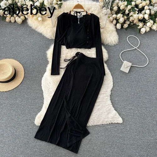 Summer Ribber Women Set White Spaghetti Strap Crop Top And Long Skirt cCardigan 3 Piece Sets  Outfit Party