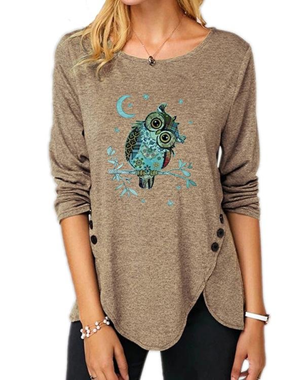 Plus Size Long Sleeve Casual Owl Print Round Neck Tunic Top Blouse T-Shirt