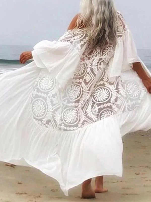 See-Through Split-Joint Embroidered Falbala Tunicshang Cover-Ups